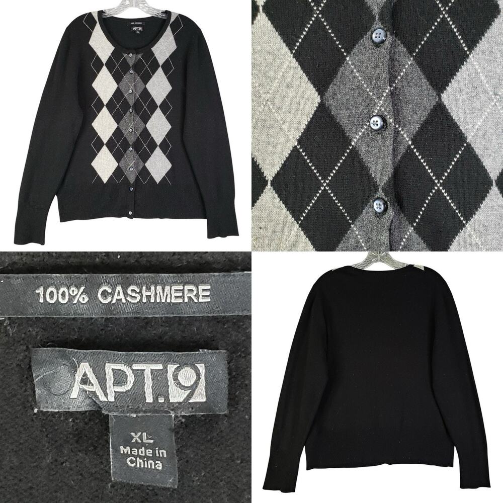 Apt 9 Women's XL Black Argyle 100% Cashmere Button Front Cardigan Sweater